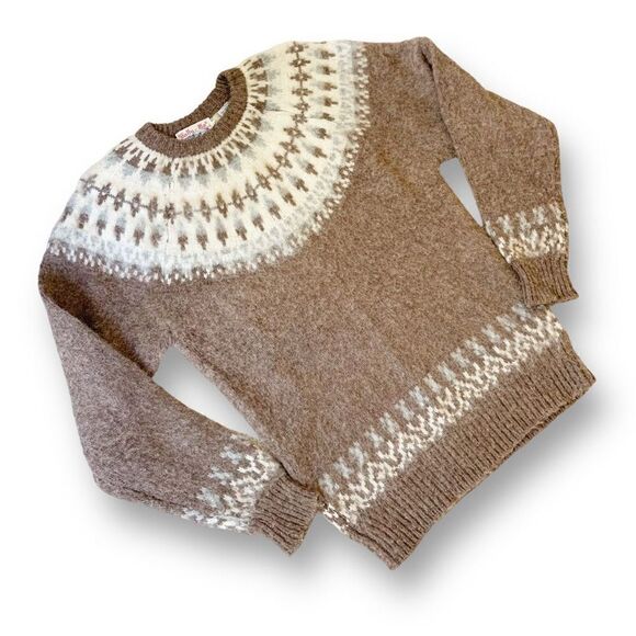 Vintage 80s Tally Ho Tan Cream Classic Fair Isle Shetland 100% Pure Wool Sweater - Picture 2 of 13